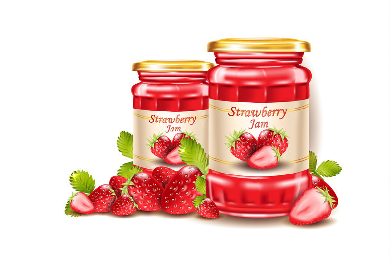 草莓果酱新鲜浆果和叶子逼真的三维插图孤立