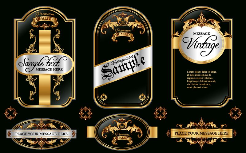 矢量古董黄金框架标签集-黑色的金色-巴洛克风格优质标签收藏-最好是巧克力可可酒精饮料和烟草-矢量插图