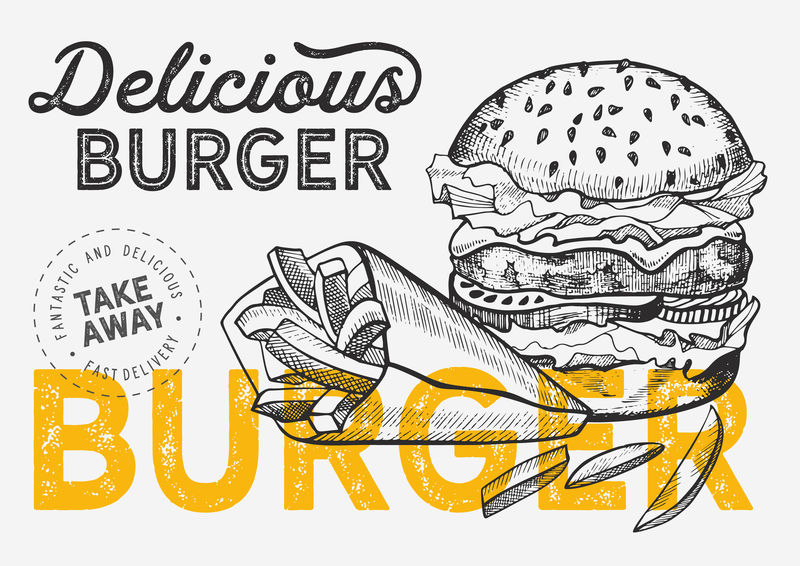 餐厅的汉堡包插图矢量手绘海报快餐店和汉堡包卡车用文字和涂鸦图案蔬菜设计