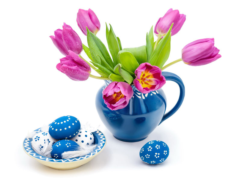 郁金香蓝色陶瓷花瓶-白底彩蛋配套盘