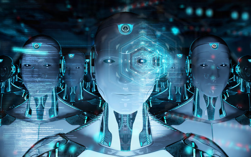 使用数字全息屏幕三维绘制的一组男性机器人头部