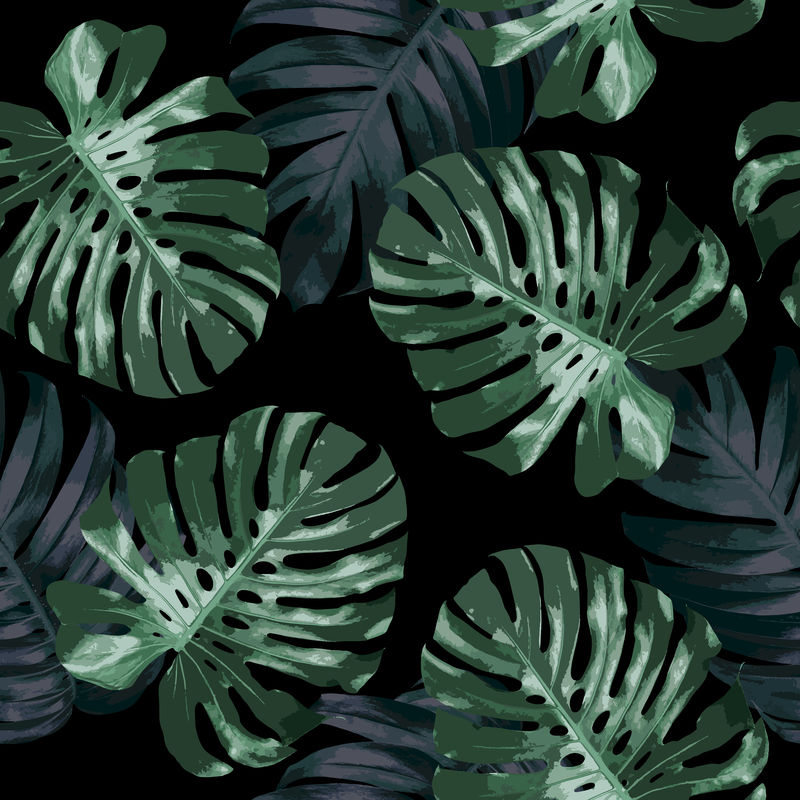 黑底热带树叶的无缝图案设计