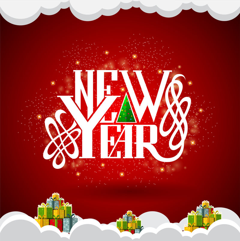 红色背景中央的新年字样-雪堆中的礼品盒