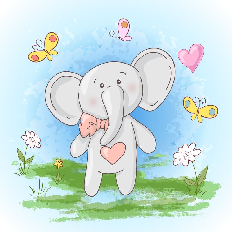 明信片可爱的小象花和蝴蝶卡通风格