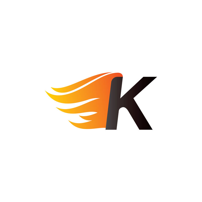 首字母K字母Fire图标徽标-黑色背景上的燃烧火焰设计元素