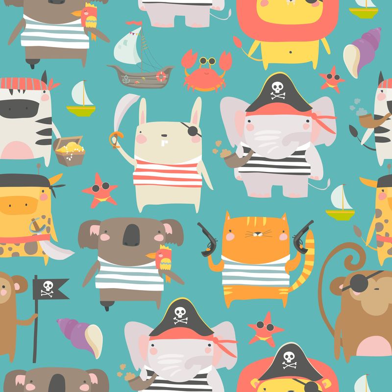 无缝图案可爱的动物海盗和水手属性风格