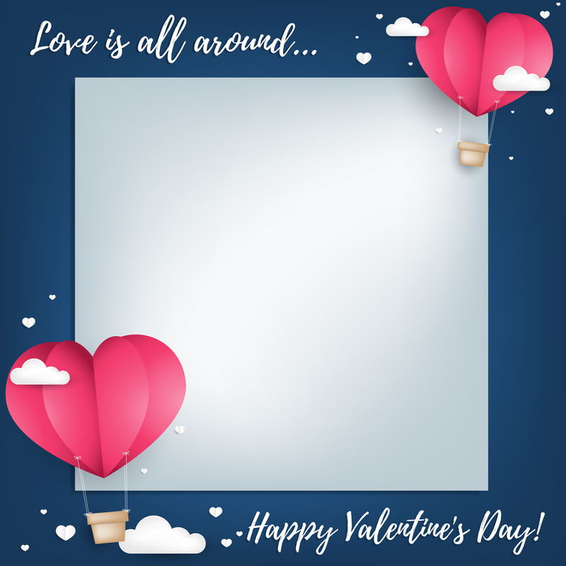 情人节的背景是剪纸心形的热气球-天空中有一颗小小的白心和云-爱情和情人节的概念-纸艺术风格