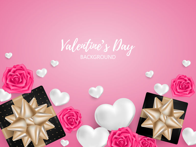 情人节的背景是现实的礼品盒玫瑰和红心-情人节的背景广告和促销概念