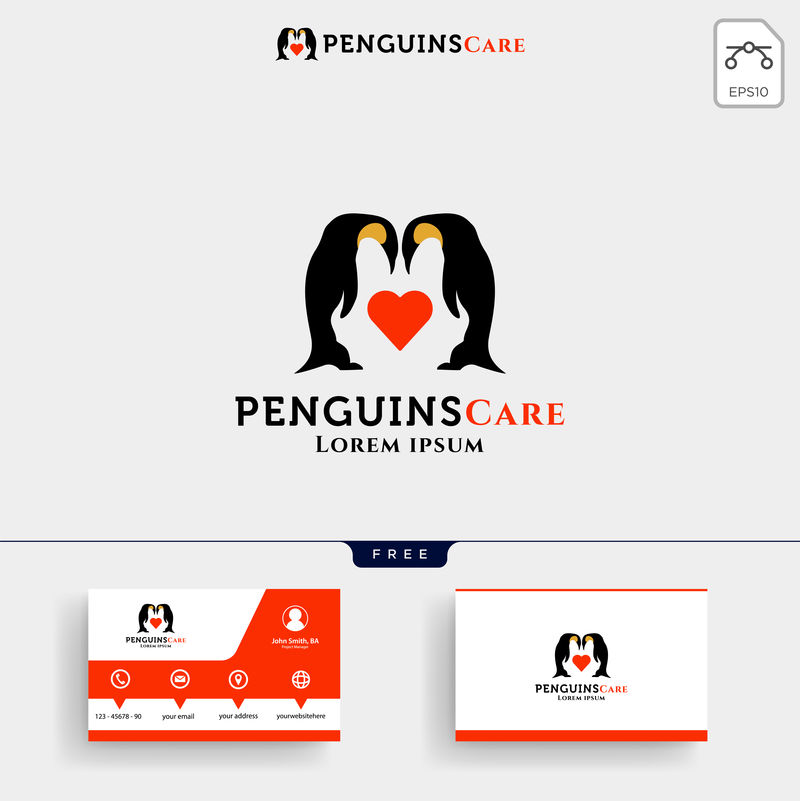 企鹅护理爱和养育标识模板和名片