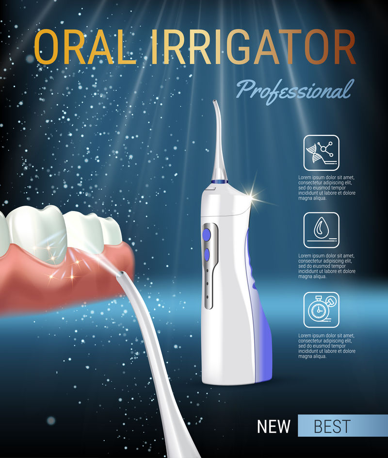 电子口腔冲洗器广告。矢量三维插图与便携式水采牙线。