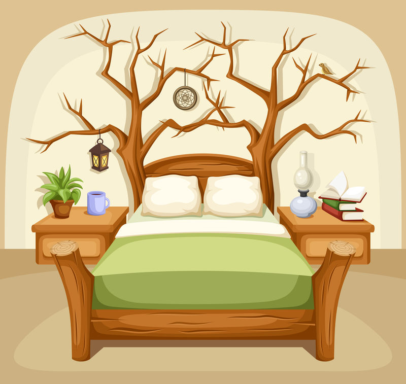 用矢量图描绘了一个有床和树的梦幻卧室内部
