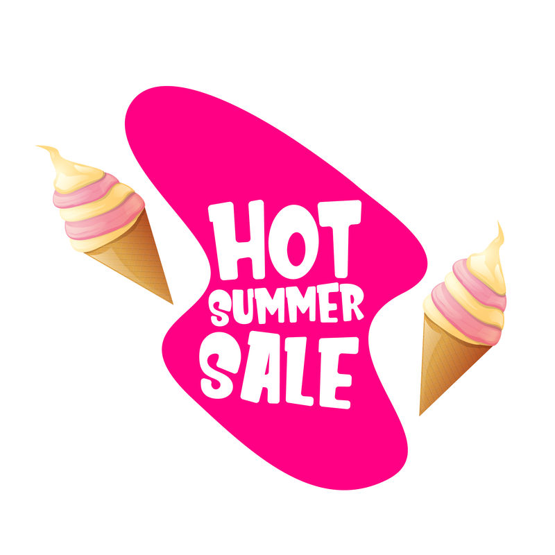 夏季热销的标签或标签上有融化的冰淇淋。矢量热夏季销售粉红横幅或图标。