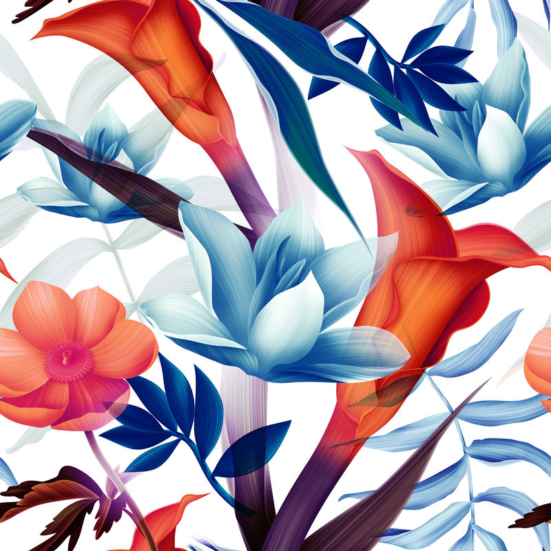 无缝热带花卉-植物彩色图案背景