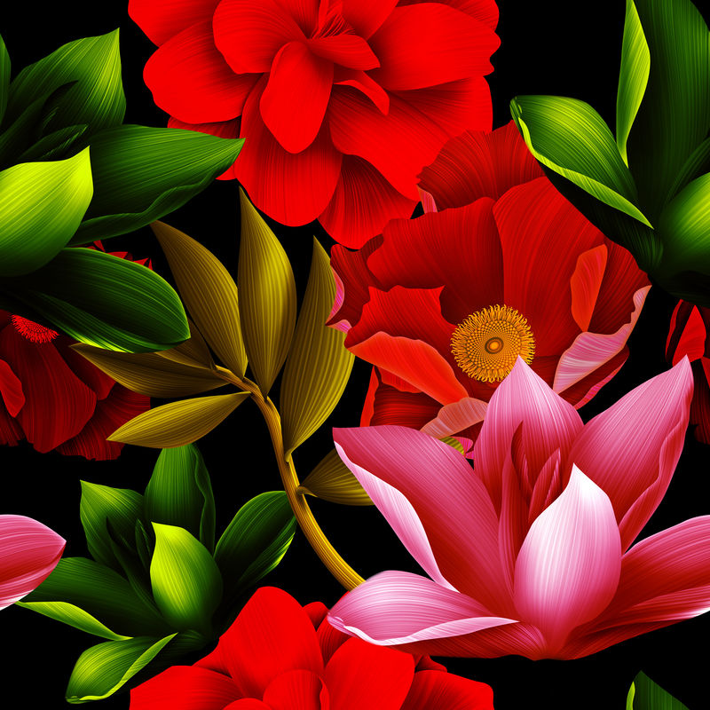 无缝热带花卉-植物图案背景