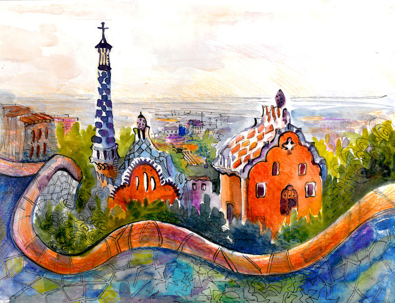 巴塞罗那安东尼奥公园风景如画的水彩插图海报印刷彩色绘画