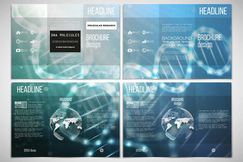 矢量集的三折小册子设计模板两侧的世界地球元素。DNA分子结构，蓝色背景。