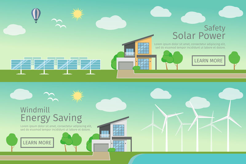 现代住宅用生态绿色替代能源，平网横幅集概念。风力涡轮机和太阳能电池板。矢量图解