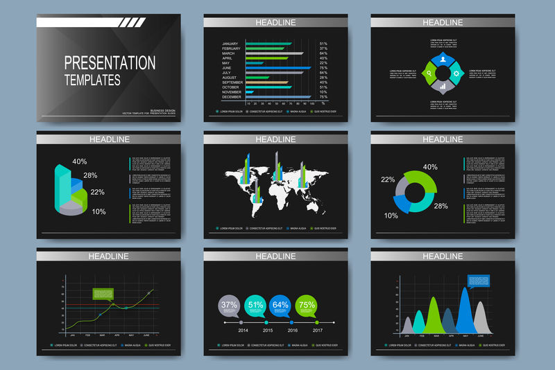 演示幻灯片的矢量模板集。用图表进行现代商业设计
