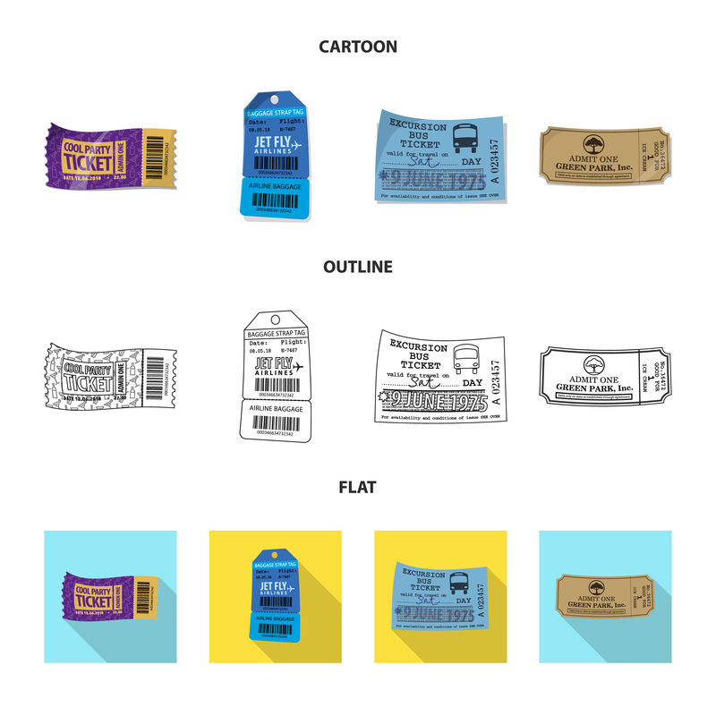 门票和入场标识的矢量设计-收集股票的票据和事件向量图标