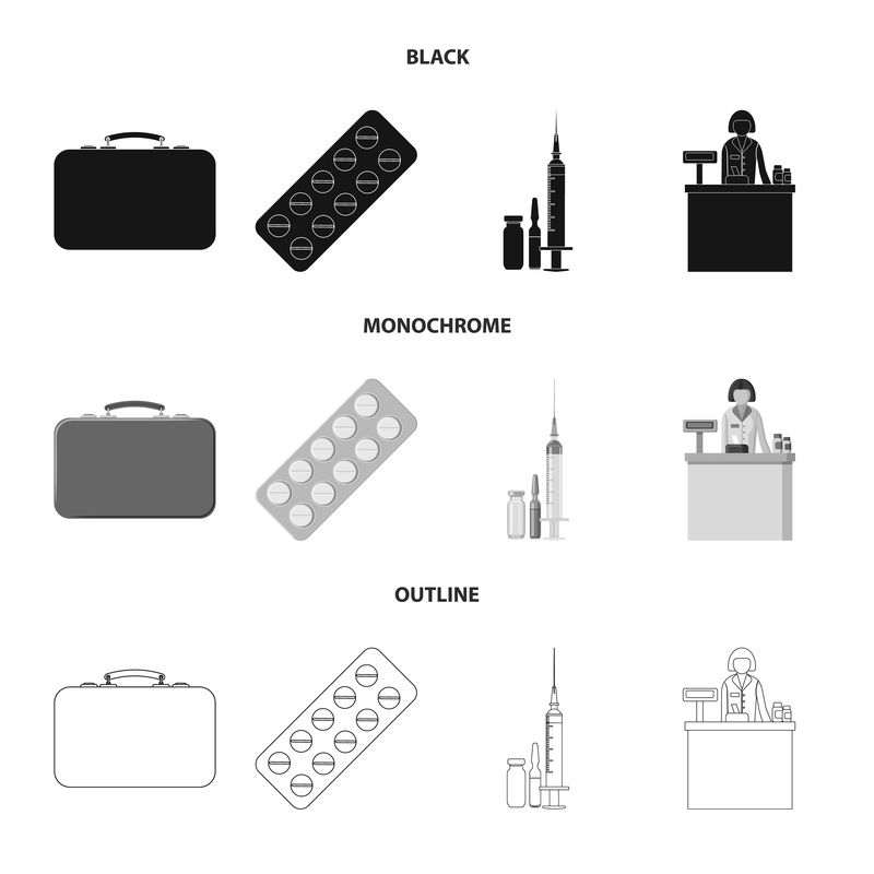 药房和医院标识的独立对象-药房和企业库存矢量图集