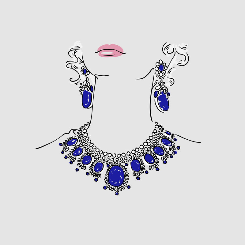 漂亮的年轻女性戴着大银耳环，戴着蓝色宝石的大项链。矢量手绘插图。