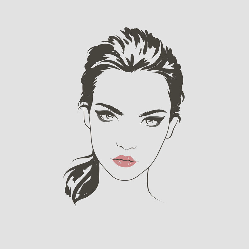 美女脸，手绘线条矢量插图。
