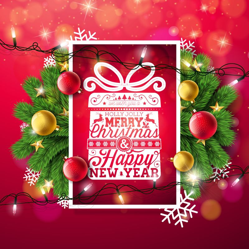 圣诞快乐插画-印刷和节日灯花环-松树枝-雪花和红色背景的装饰球-新年快乐设计-JPG版本