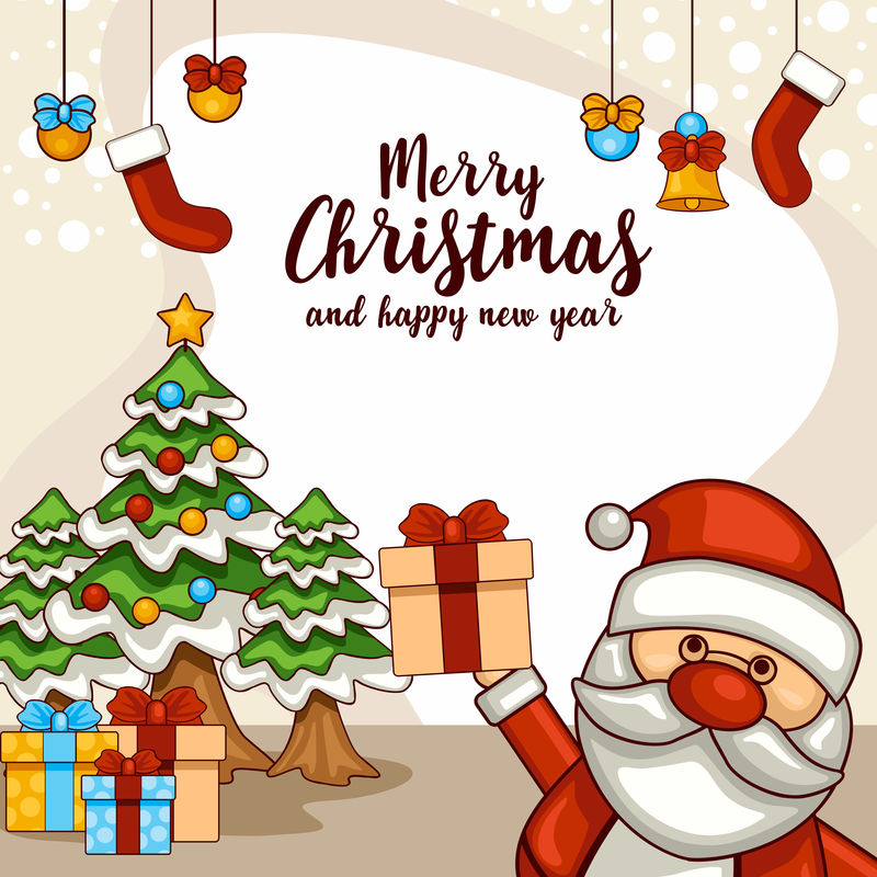 可爱的卡通圣诞老人和圣诞装饰品-圣诞贺卡插图