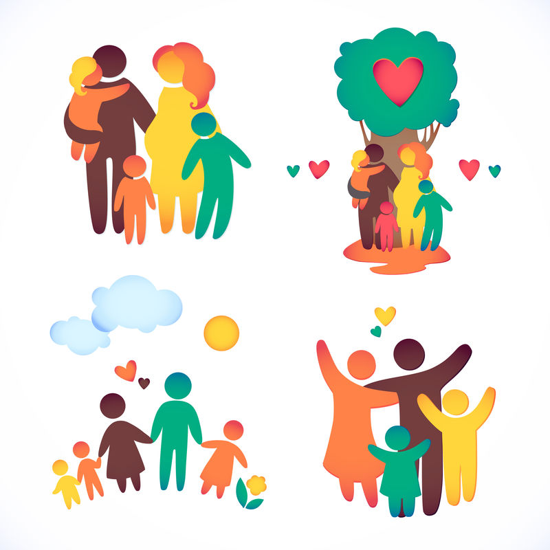 幸福家庭图标在简单的数字集五颜六色。孩子们，