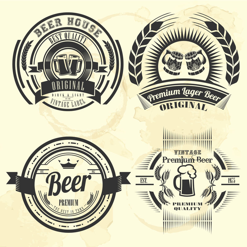 经典单色啤酒设计系列-带有酿酒标签、标志、印刷品和浅背景独立矢量插图上的徽章