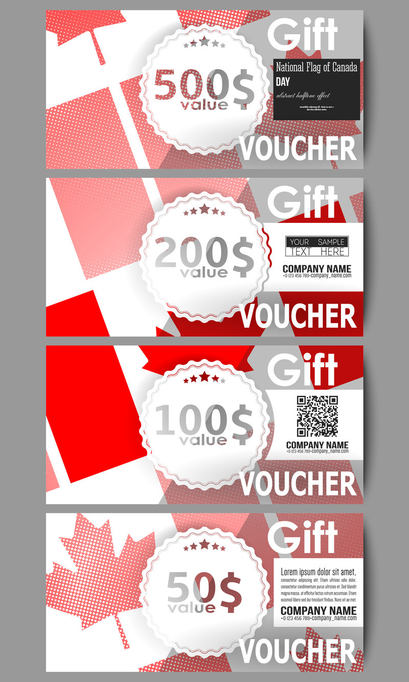现代礼品券模板。加拿大国旗日。抽象点向量背景