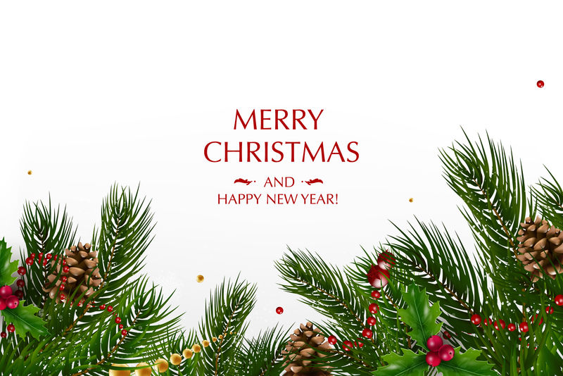圣诞卡由圣诞星、浆果、圣诞树装饰品、松树树枝等节日元素组成-圣诞快乐-新年快乐-矢量闪光装饰-金色