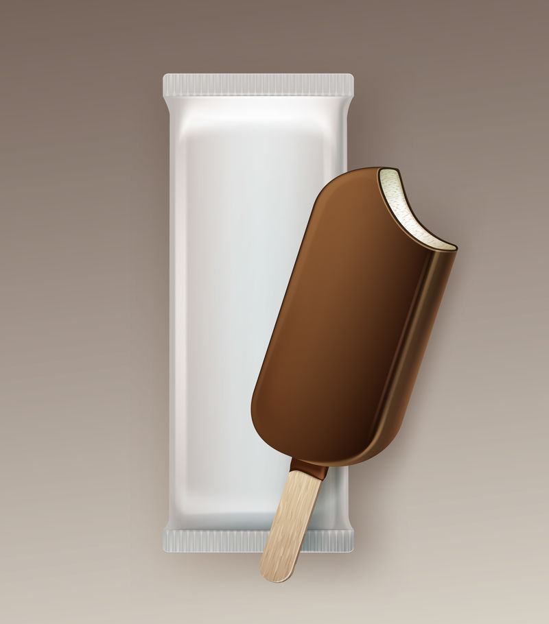 Vector Classic Bitten Popsicle Choc冰淇淋棒棒糖巧克力釉面棒上贴有白色塑料薄膜包装，用于品牌包装设计特写，背景隔离