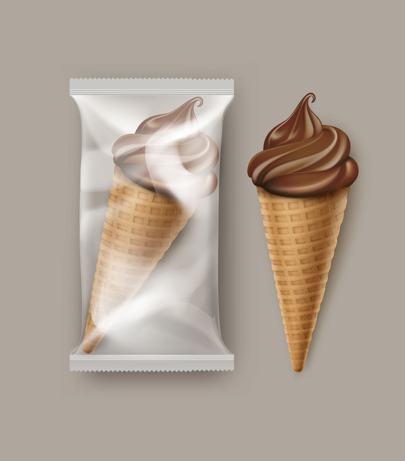 矢量巧克力软冰淇淋华夫饼锥与透明塑料薄膜包装的品牌包装设计特写孤立的背景。