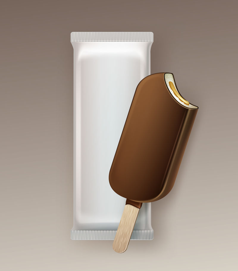 Vector Classic Bitten Popsicle Choc冰淇淋棒棒糖巧克力釉上棒，填充白色塑料薄膜包装，用于品牌包装设计特写，背景隔离