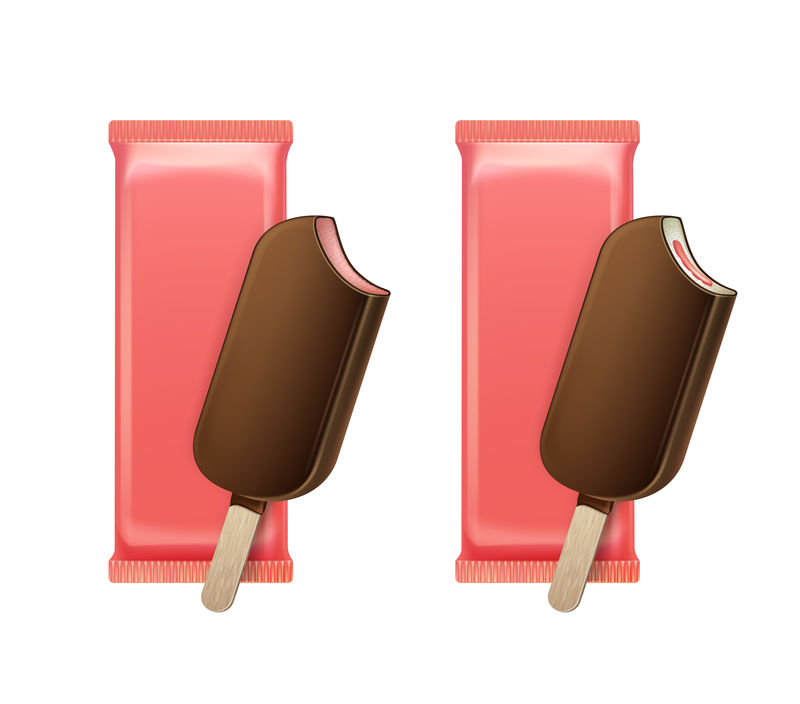 矢量草莓咬冰棒巧克力冰棒棒棒糖冰淇淋巧克力上釉棒与粉红色塑料包装填充品牌包装设计特写孤立的背景。