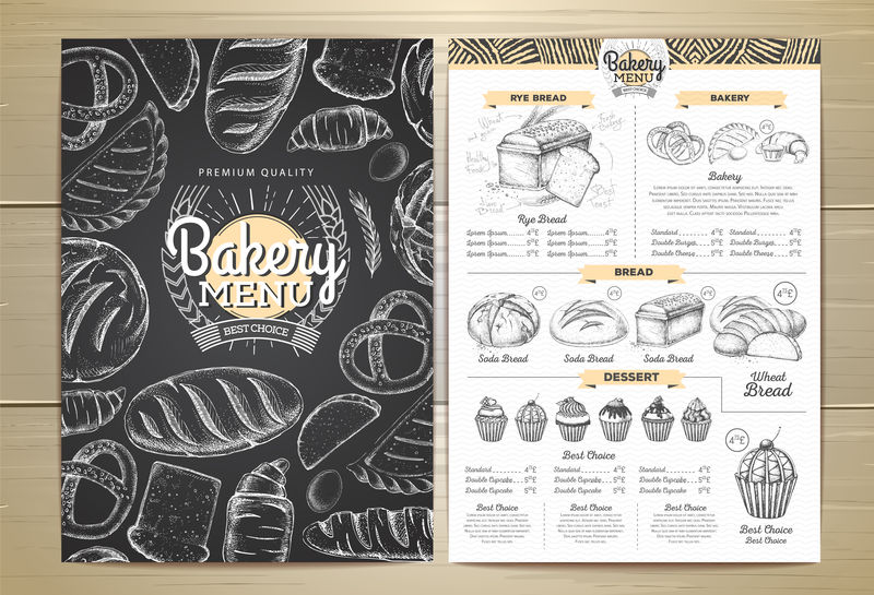 古典粉笔画面包店菜单设计。餐厅菜单