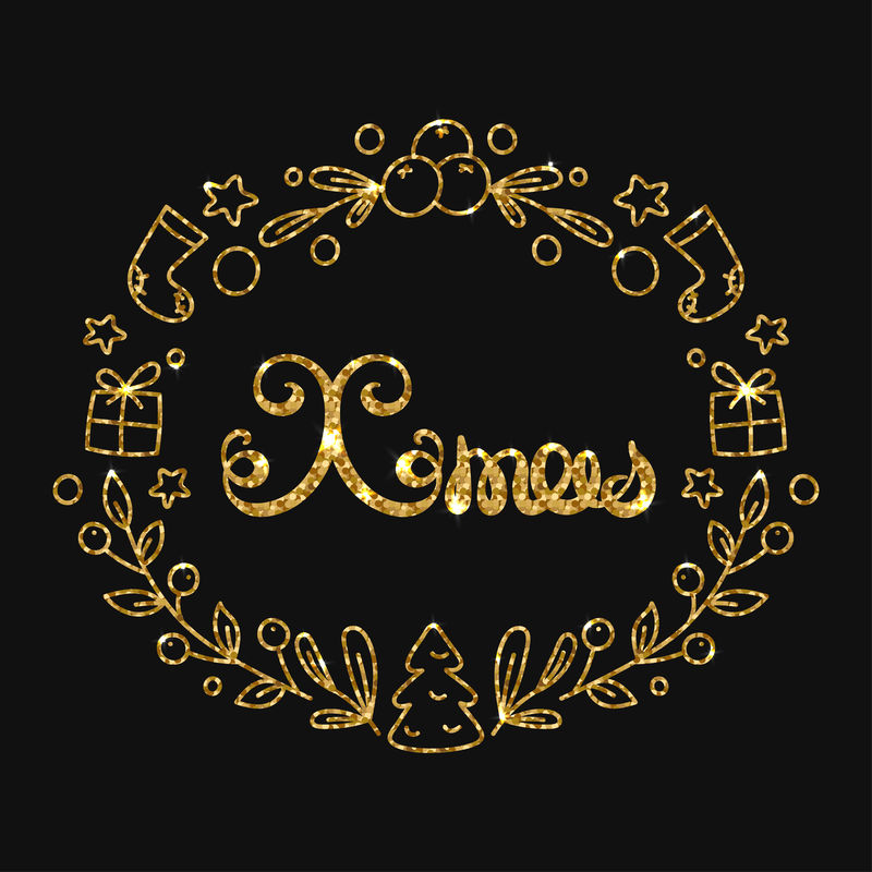 圣诞节金色字体设计。印刷体问候语