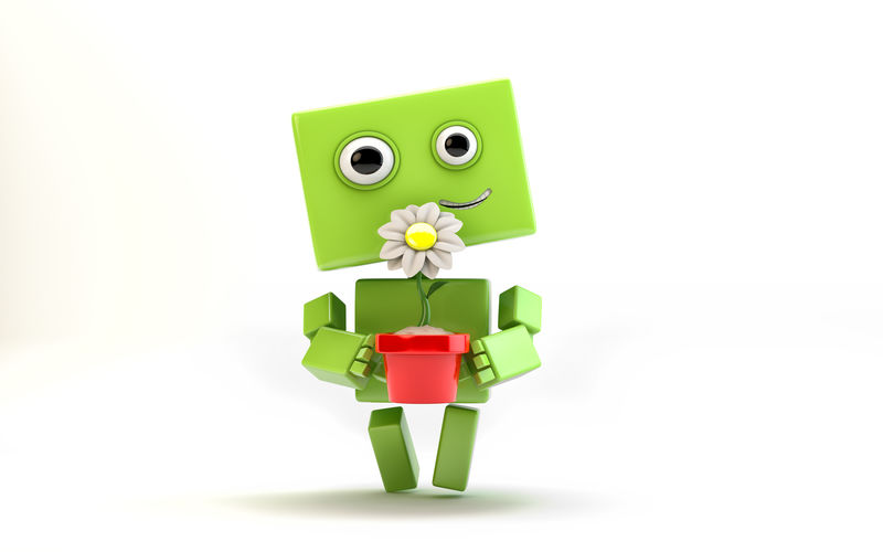 微笑-表达积极的安卓-拿着一朵鲜艳的花盆-洋甘菊/带花的机器人