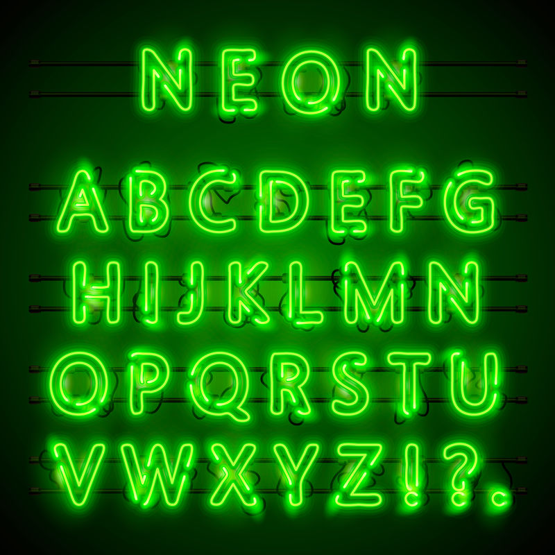 霓虹字体城市。霓虹绿字体。浅绿色字体。字母字体。矢量图解