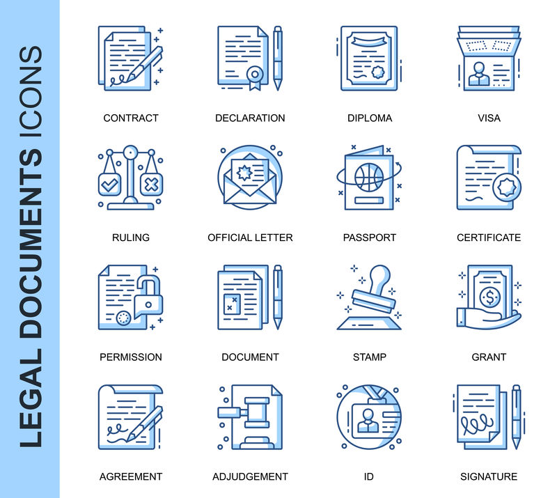 为网站、移动网站和应用程序设置的与矢量图标相关的单行法律文档。轮廓图标设计。包含声明、权限、授予等图标。线性象形图包。