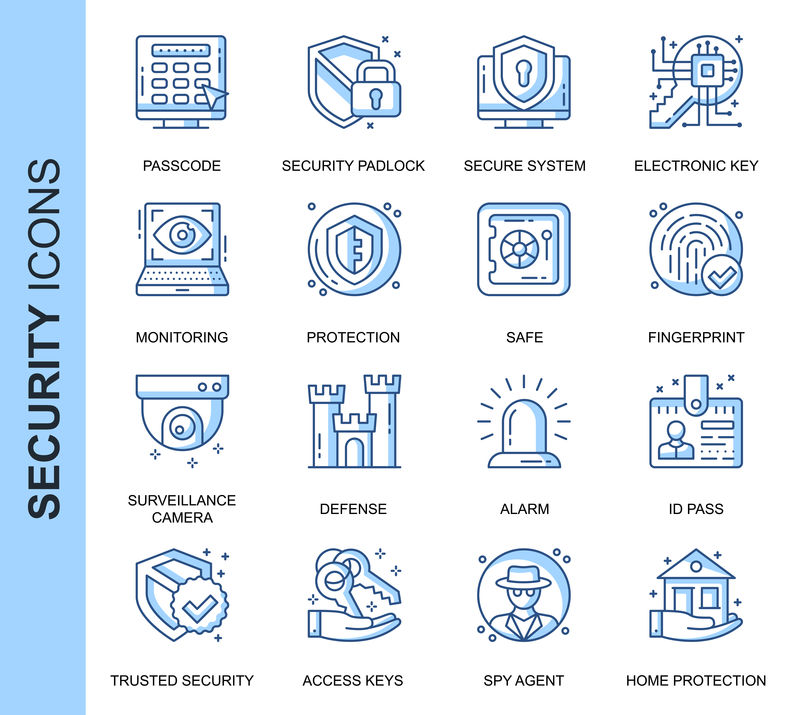 为网站、移动网站和应用程序设置的与安全相关的细线条矢量图标。轮廓图标设计。包含监控摄像头、指纹、ID等图标。线性象形图包。