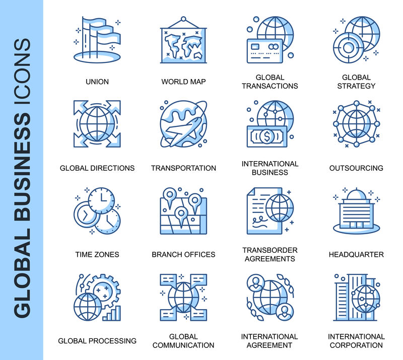 为网站、移动网站和应用程序设置的与全球业务相关的细线条矢量图标。轮廓图标设计。包含全球战略、协议等图标。线性象形图包。