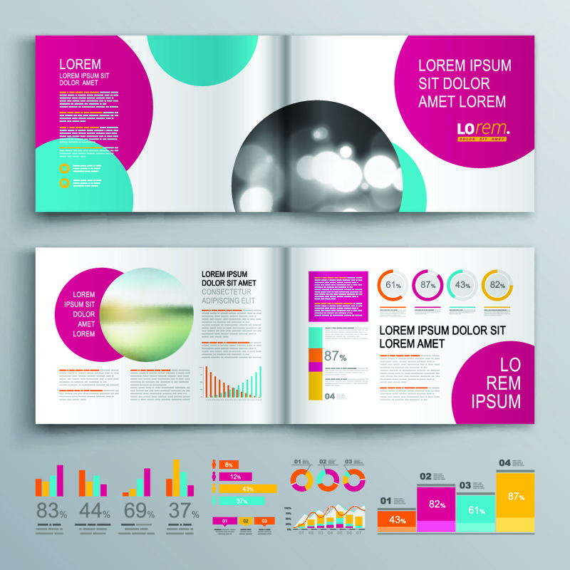 商业宣传册模板设计-粉红色和蓝色圆形元素-封面布局和信息图形