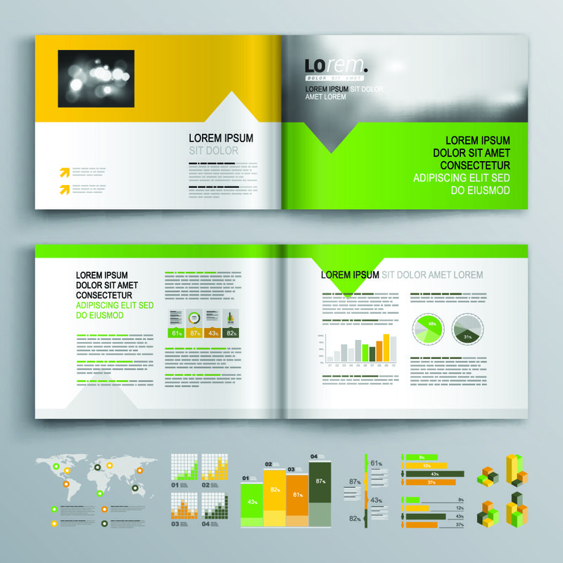白色小册子模板设计-绿色、橙色和黄色形状-封面布局和信息图形