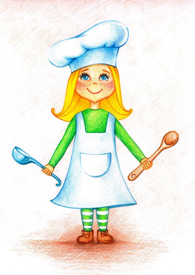 彩色铅笔手绘小厨师用勺子和水壶
