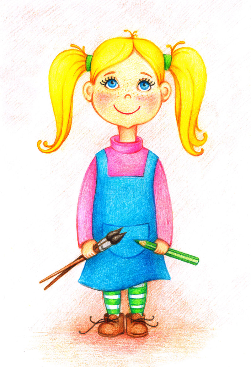 用彩色铅笔和画笔画的小女孩画家的手绘画