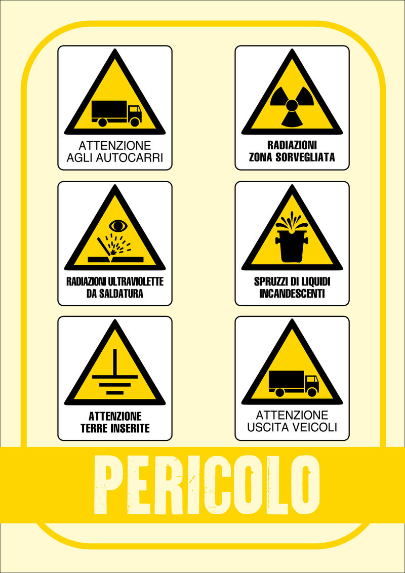警告：注意卡车、监督区域辐射、焊接紫外线辐射、热液体飞溅、小心插入陆地、注意出口车辆