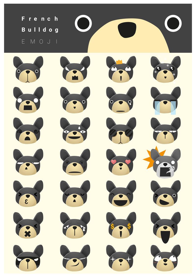 法国斗牛犬表情图标-矢量-插图