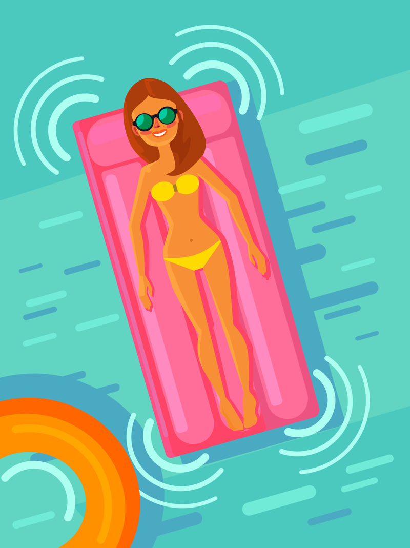 躺在游泳池床垫上的女人-矢量平面卡通插图